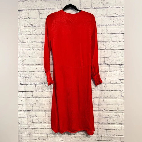 H&M Size 2‎ Red Satin Jacquard Faux Wrap Long Sleeve Midi Dress V Neck - Picture 3 of 9